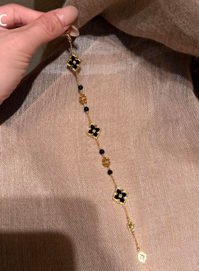 中古老钱风黑金色四叶花手链女