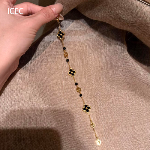 中古老钱风黑金色四叶花手链女
