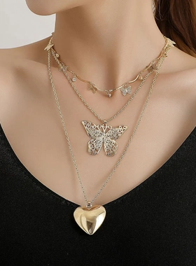 欧美饰品 大号镂空桃心吊坠项链女 时尚弯管水钻多层项饰