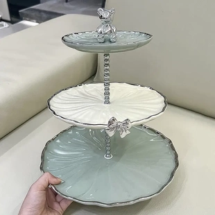 轻奢陶瓷水果盘客厅高颜值奶绿甜品台展示架荷花造型蛋糕架乔迁礼