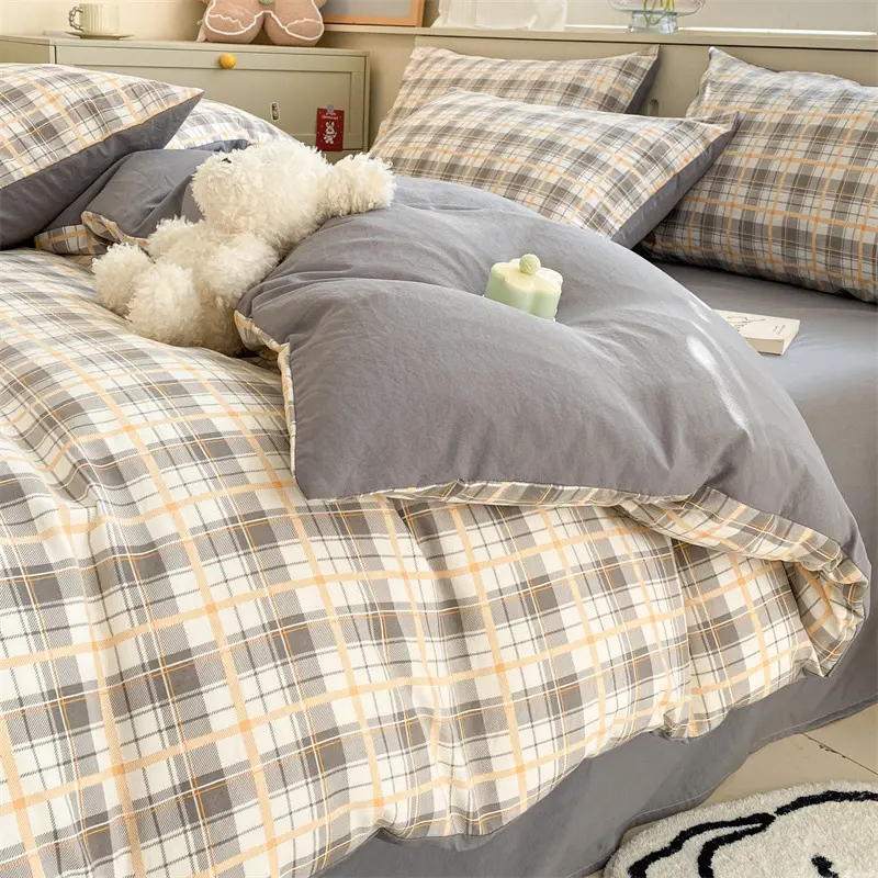 超软水洗棉四件套单被套简约格子被罩加厚学生宿舍日系床上三件套