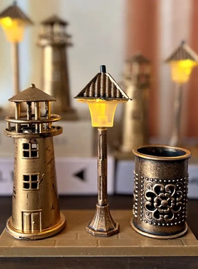 创意仿古灯塔帆船笔筒 学生礼品白色沙漏双色摆件