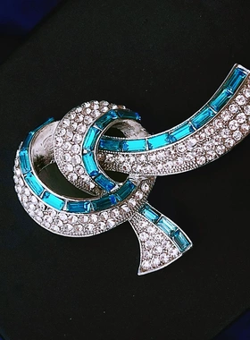 高档满钻蓝色水晶飘带胸针高级感高端小众胸花女衣饰配饰别针批货