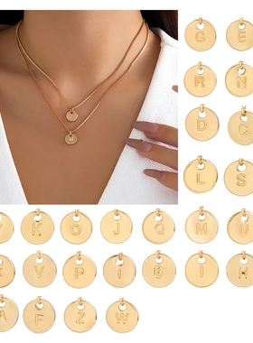 欧美热卖ins简约26英文字母吊坠项链 个性雕刻小圆牌项饰品女