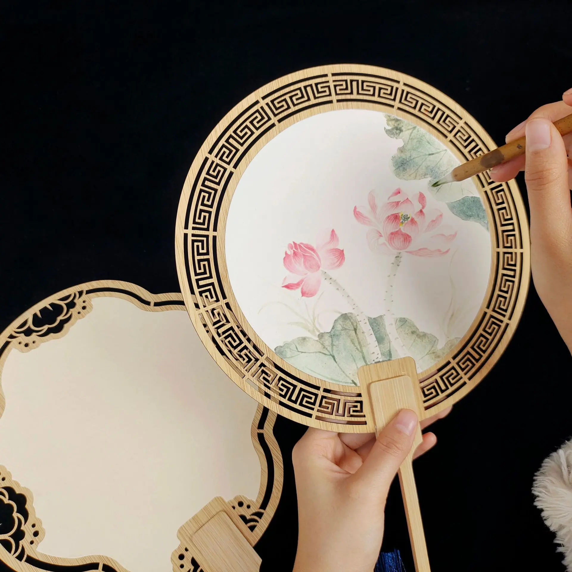 中式镂空宣纸团扇古风双面空白半生熟扇面古典国画手绘书法扇子
