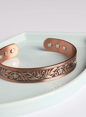 新款镀铜磁石手镯女款 欧意花纹复古手环C型开口可调节