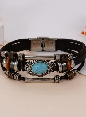 df 2022新款绿松石不锈钢皮革手链欧美手工编织男士牛皮手饰景区