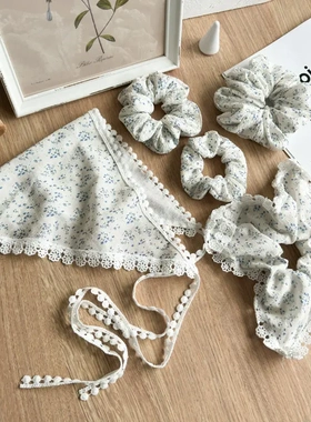 蓝色碎花大肠发圈头饰女韩系感头绳扎丸子头皮筋发绳网红皮套