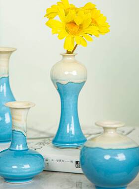 手工迷你水器蓝色式小花办公室插花培公室花花瓶桌面摆件办公陶瓷
