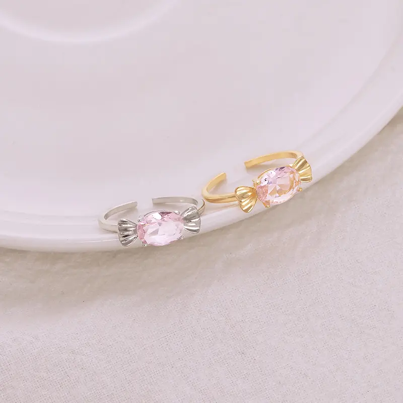s925银日系可爱粉色糖果结戒指小众轻奢开口可调节指环