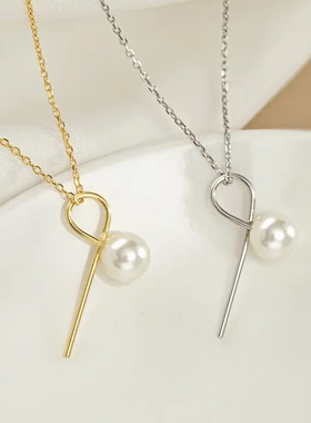 s925银符号单颗珍珠吊坠项链女法式轻奢颈链简约气质锁骨链