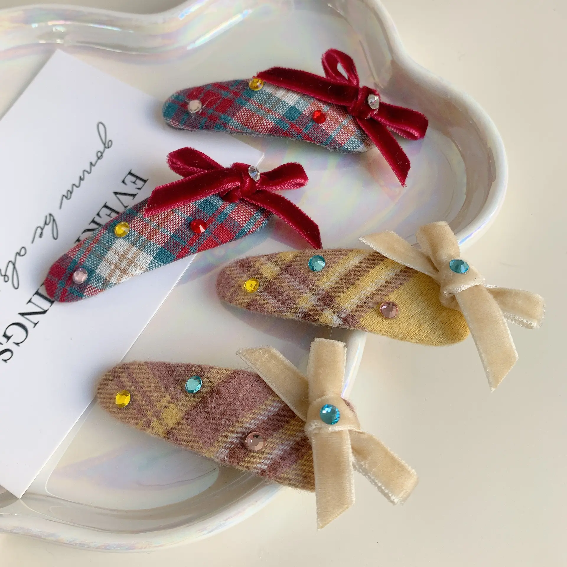 韩国甜美烫钻丝绒结布艺格纹发夹可爱时尚刘海夹侧边夹新