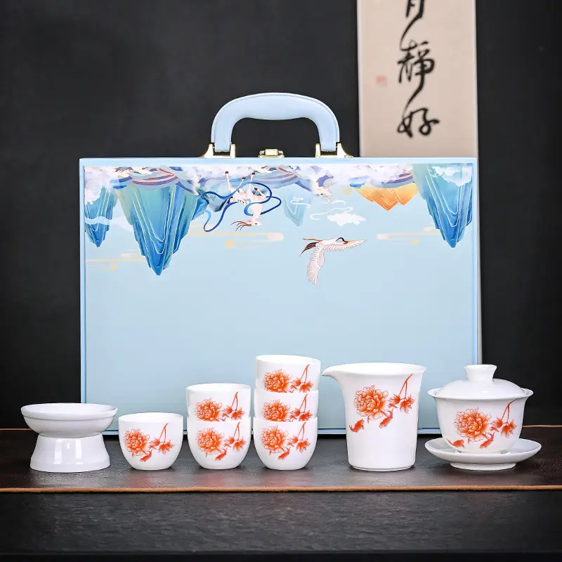 直销国潮羊脂玉套装纯白德化玉瓷功夫茶具品茗杯礼盒装可logo