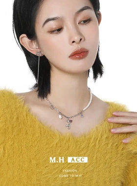 橙色爱心锆石项链女轻奢复古高级感锁骨链气质百搭甜酷项饰品