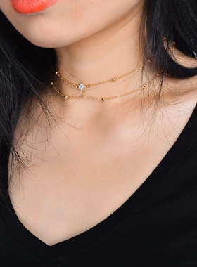 欧美首饰电商爆款 性感束颈镶钻项链饰品 铜珠网状身体链项饰