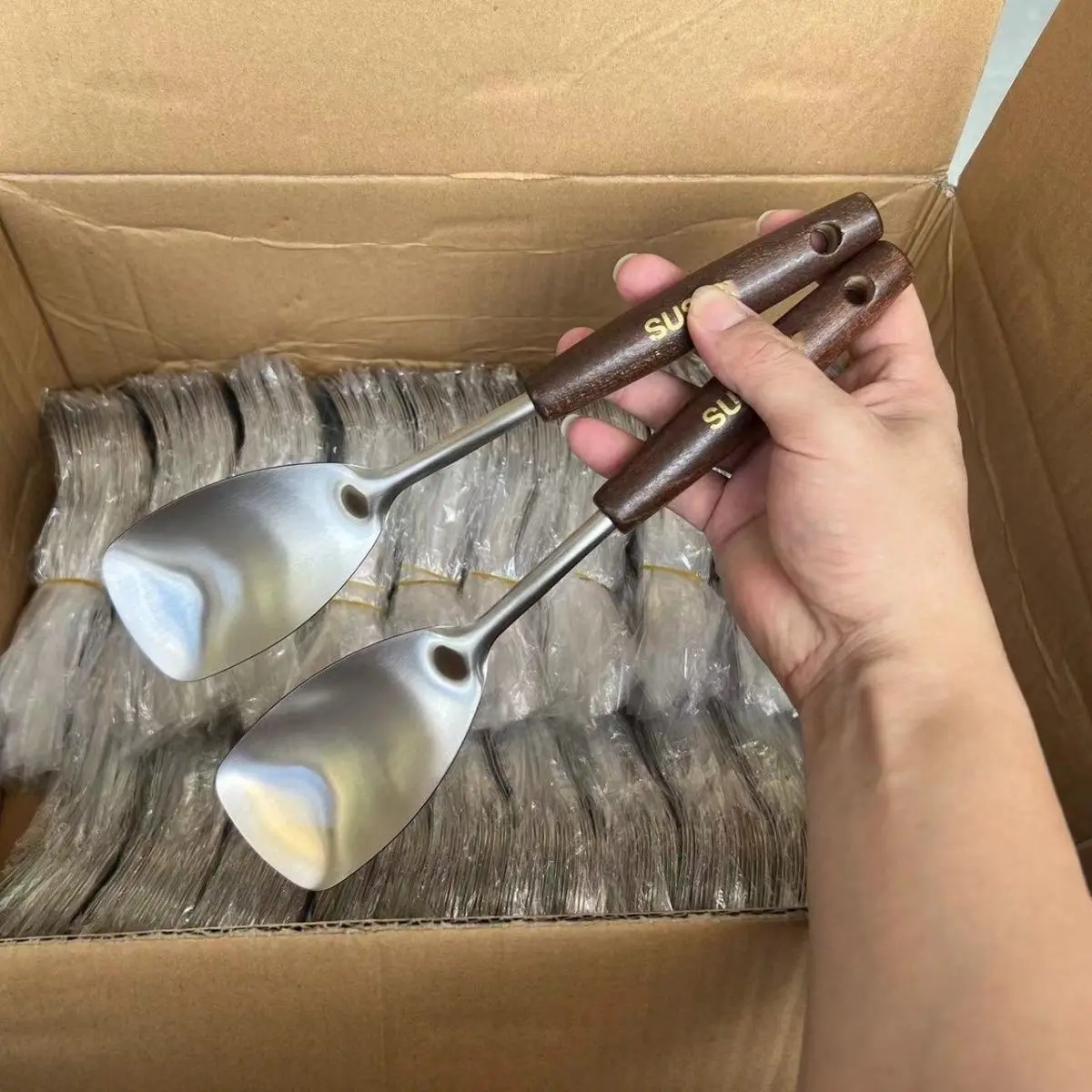 新款仿胡桃木实木小锅铲炒菜家用商用不锈钢铲套装厨房实木柄