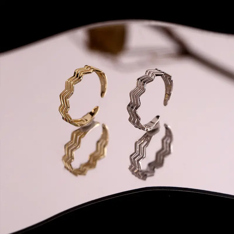 s925银日韩波浪纹戒指女小众设计开口食指闺蜜指环时尚个性