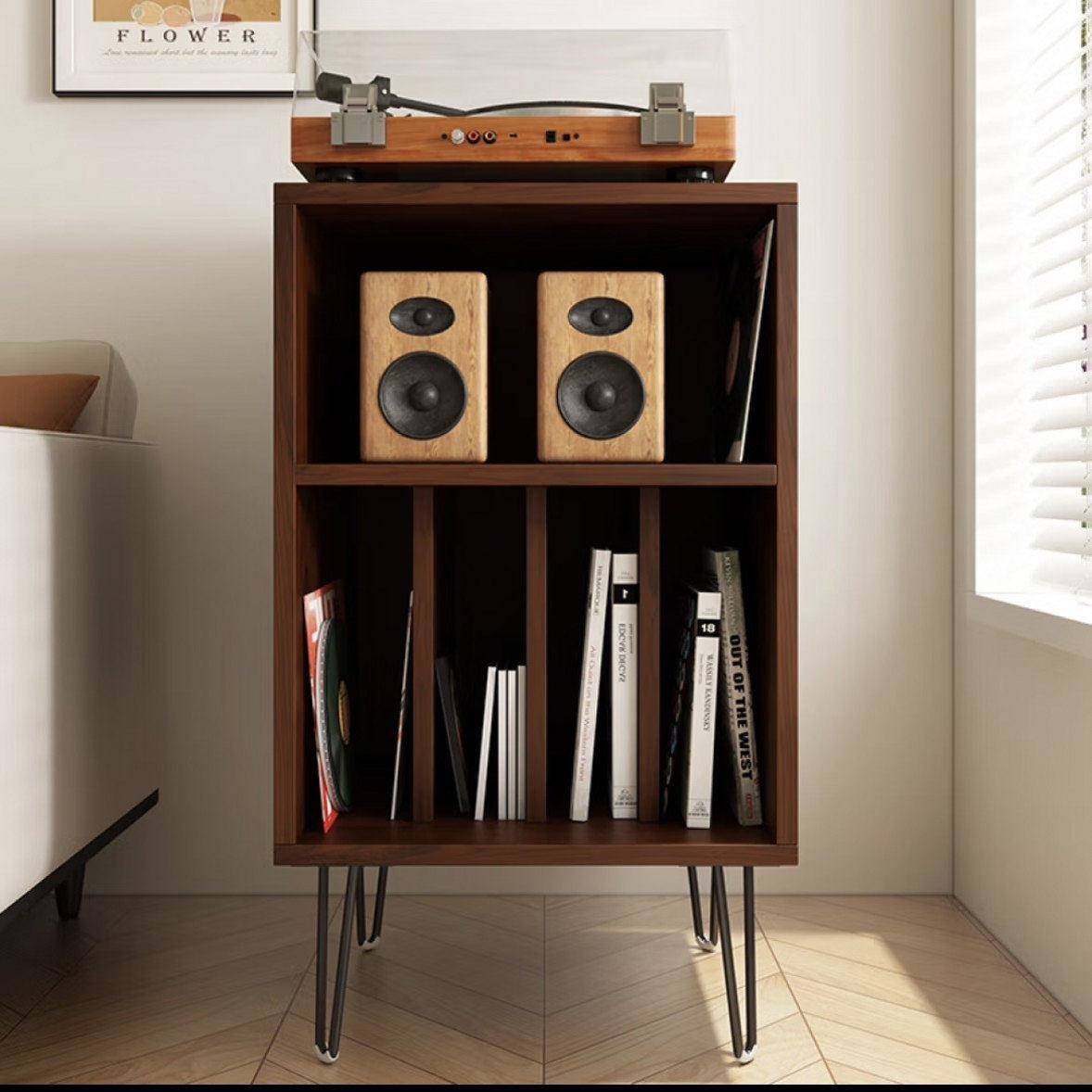 全实木书柜音箱机柜黑胶唱片机柜沙发边几角柜CD架置物架柜收纳柜