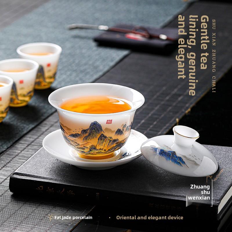 千里江山冰板脂玉瓷茶具领袖功夫茶套装送给长辈及门客生日礼物