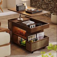 实木移动茶几可升降式小户型客厅家用沙发边柜小推车巴士藤编边几