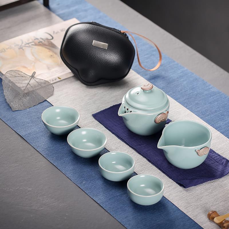 汝窑旅行茶具便携式快客杯一壶二四杯户外功夫陶瓷泡茶壶茶杯送礼