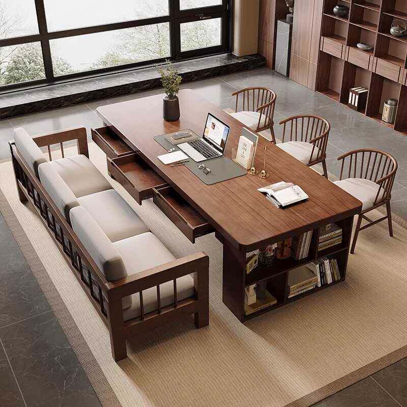 实木大书桌书柜一体去客厅化家用带抽屉学习桌工作台写字办公桌椅