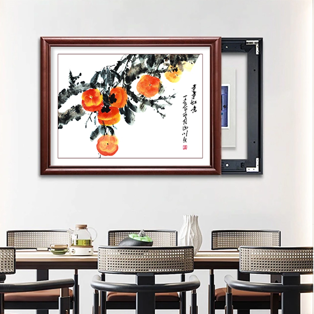 新中式牡丹花电表箱遮挡盒挂画实木免打孔空开盒餐厅配电箱装饰画