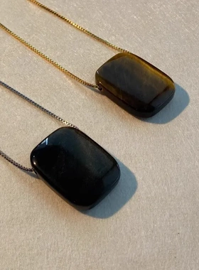 美拉德方形天然虎眼石黑曜石长项链早春小众轻奢高级感长项链女铜
