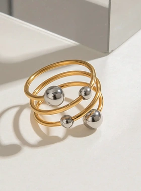 欧美不锈钢金银拼色球形多层开口戒指个性百搭钛钢戒指戒指/指环