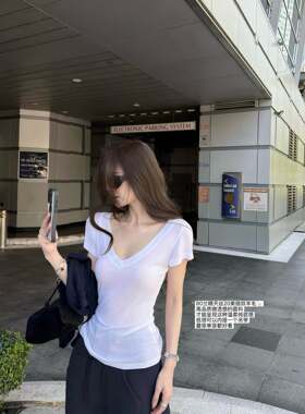 '舒芙蕾神tee'兰精天丝美丽奴羊毛微透感低龄V领收腰短袖T恤#4870