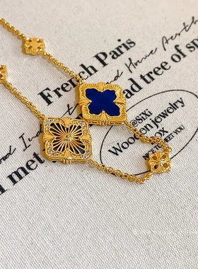 真金电镀锆石菱形花朵项链中古Vintage气质锁骨链轻奢高级感项饰