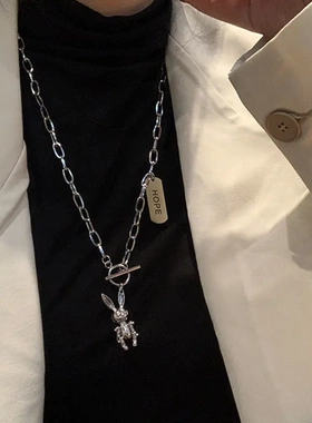 ins冷淡风双层叠戴十字架兔子链条项链 长款颈链可分开毛衣卫衣链