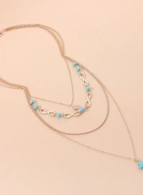 欧美跨境多元素组合项链 好运数字8 松石十字架 多层饰品