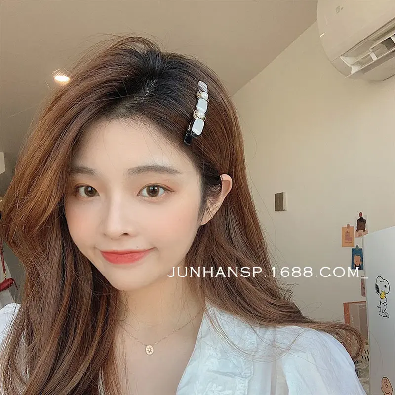 敲仙气质巴玉白石头珍珠爱心发卡外出百搭边夹甜美发饰女式几何型