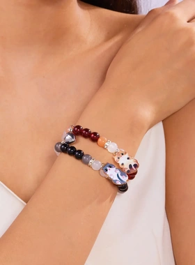 欧美新款甜美可爱猫咪心形磁吸手链手工编织手绳串珠手饰情侣式