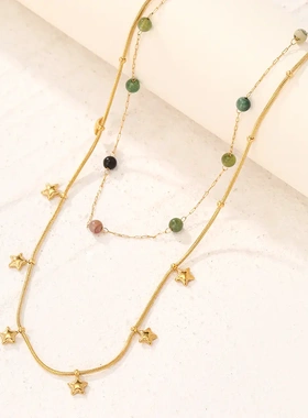 新品不锈钢潮流饰品女双层精美连珠立体星星金色个性百搭项链电镀