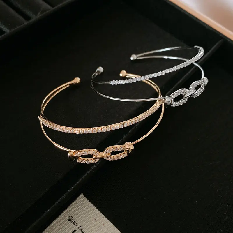 欧美双层锆石马蹄扣开口手镯时尚设计感手环轻奢个性高级感手饰女