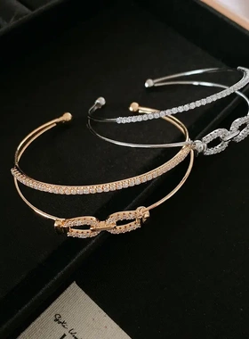 欧美双层锆石马蹄扣开口手镯时尚设计感手环轻奢个性高级感手饰女