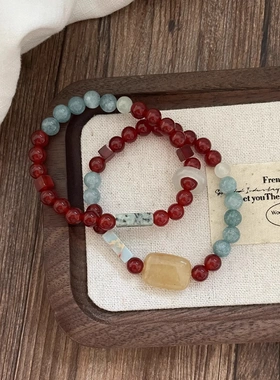 新中式天然红玛瑙寿山石跑环手串夏季冰感叠戴串珠手链文艺镶钻