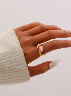 新款欧美个性创意不锈钢彩色涂鸦开口戒戒指百搭钛钢活口戒女简约