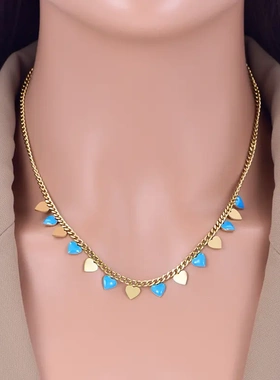 时尚简约蓝色滴胶五角星项链爱心锁骨链百搭潮流钛钢饰品不锈钢