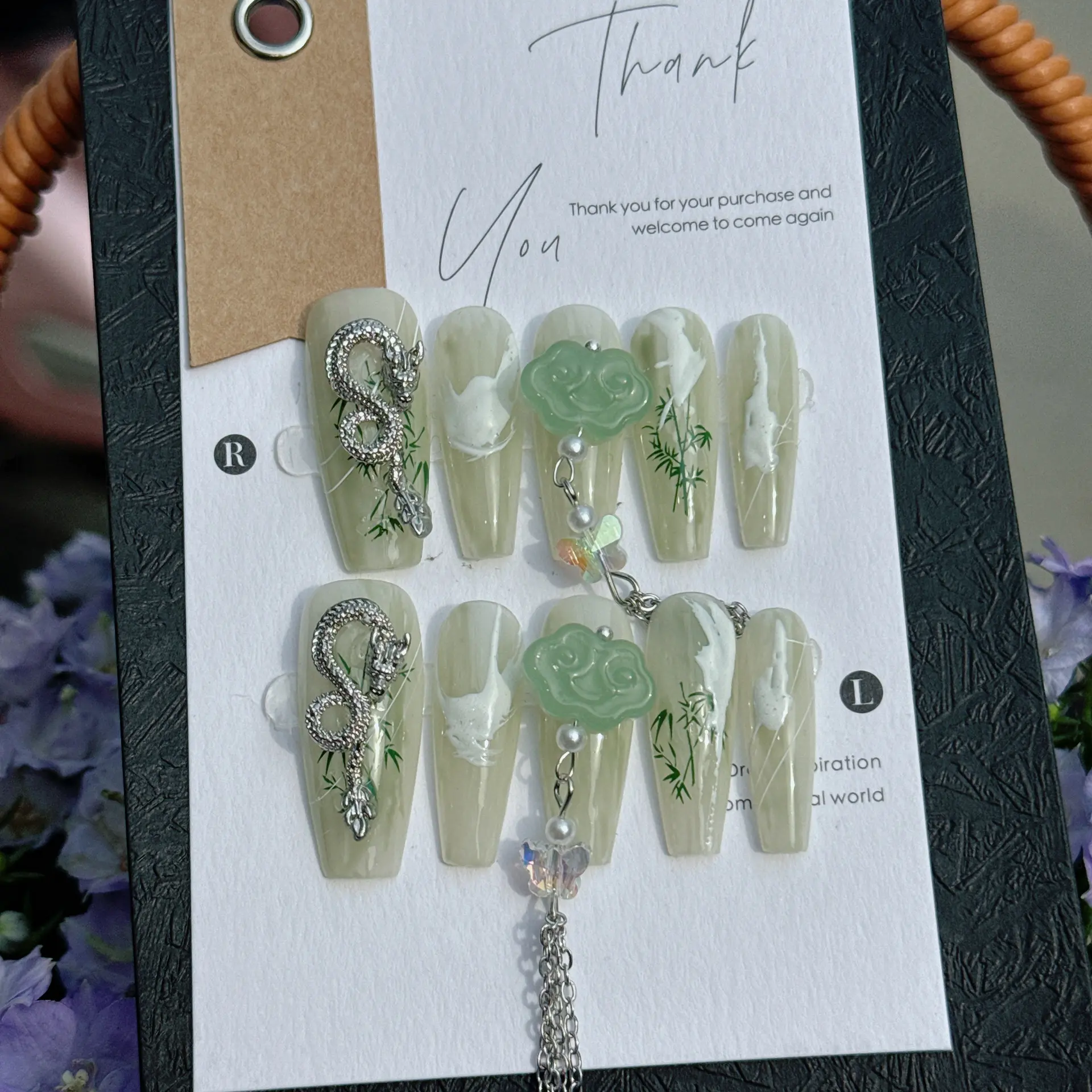 奈蔻美甲 南方雨朦青烟袅袅 绿竹墨染如画手工穿戴甲指甲贴片B39