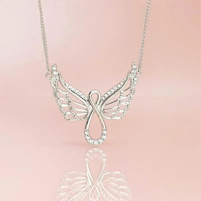 wish新款天使翅膀镶钻天使之翼女士项链 饰品合金电镀蝴蝶结银色