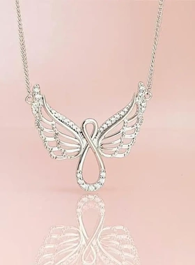 wish新款天使翅膀镶钻天使之翼女士项链 饰品合金电镀蝴蝶结银色