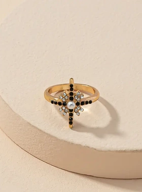 网红ins风珍珠镶钻戒指创意个性轻奢设计指环欧美爆款饰品合金