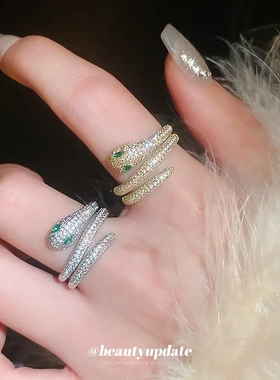 真金电镀锆石蛇形缠绕开口戒指女小众夸张设计食指戒个性轻奢手饰