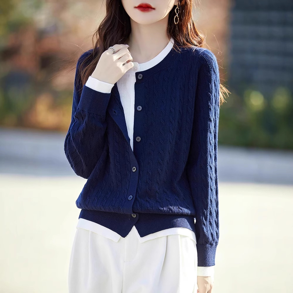 复古麻花撞色假两件针织开衫女短外套毛衣2025新款高级感上衣外搭