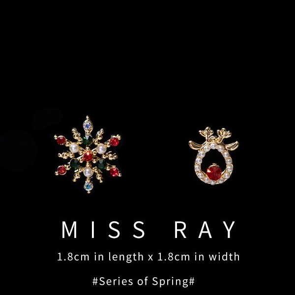 圣诞节不对称麋鹿雪花彩色耳钉