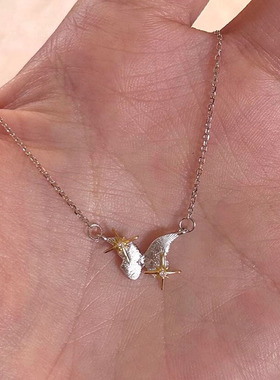 银色拉丝蝴蝶星芒项链女颈链