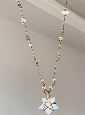 复古白色星星吊坠编绳项链配饰